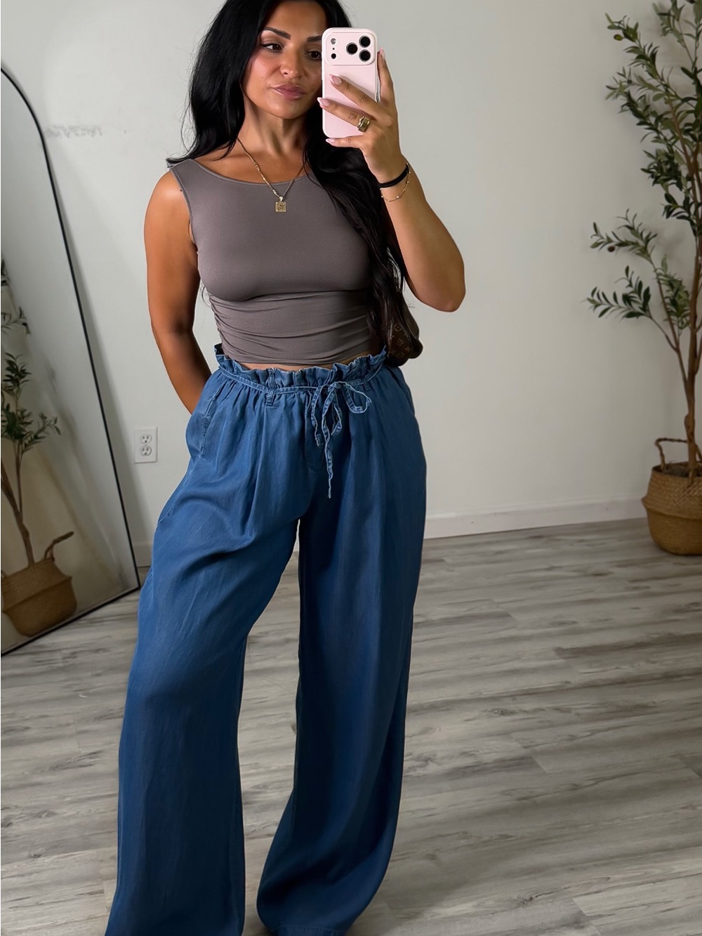 Active USA Blue Paperbag-Waist Wide Leg Pants